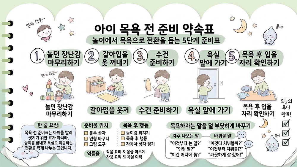 아이 목욕 전 준비 항목 5가지를 정리한 인포그래픽