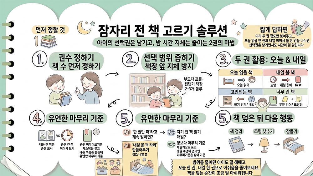 책 고르다 잠이 늦어지는 아이를 위한 잠자리 책 선택 기준 인포그래픽