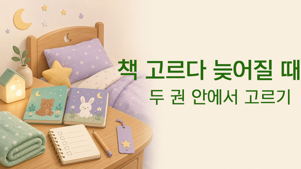 자기 전 책 고르다 잠이 늦어지는 아이의 잠자리 습관을 표현한 썸네일 이미지