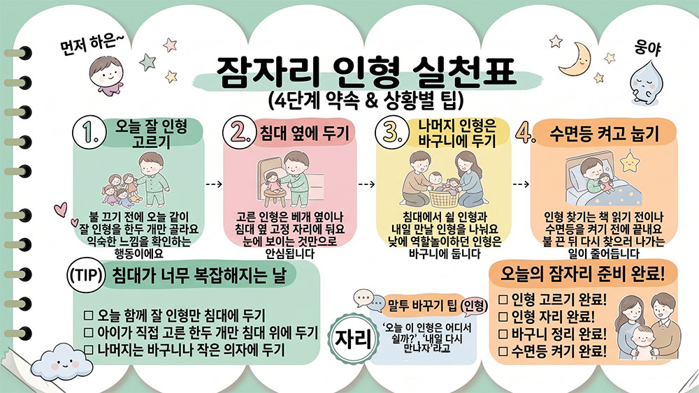 잠자리 인형을 계속 찾는 아이를 위한 침대 옆 정리 약속 인포그래픽