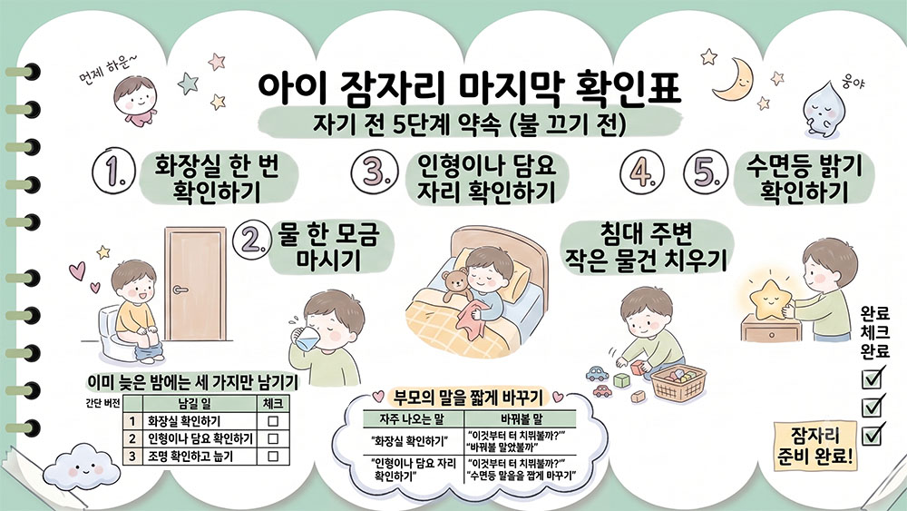 불 끄고 다시 부르는 아이를 위한 잠자리 마지막 확인 항목을 정리한 인포그래픽