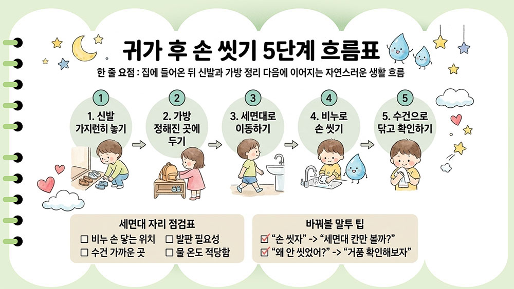 아이 귀가 후 손 씻기 루틴과 현관에서 세면대까지의 순서를 정리한 인포그래픽