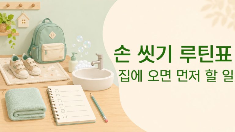 아이 귀가 후 손 씻기 루틴표와 현관에서 세면대까지의 흐름을 표현한 썸네일 이미지