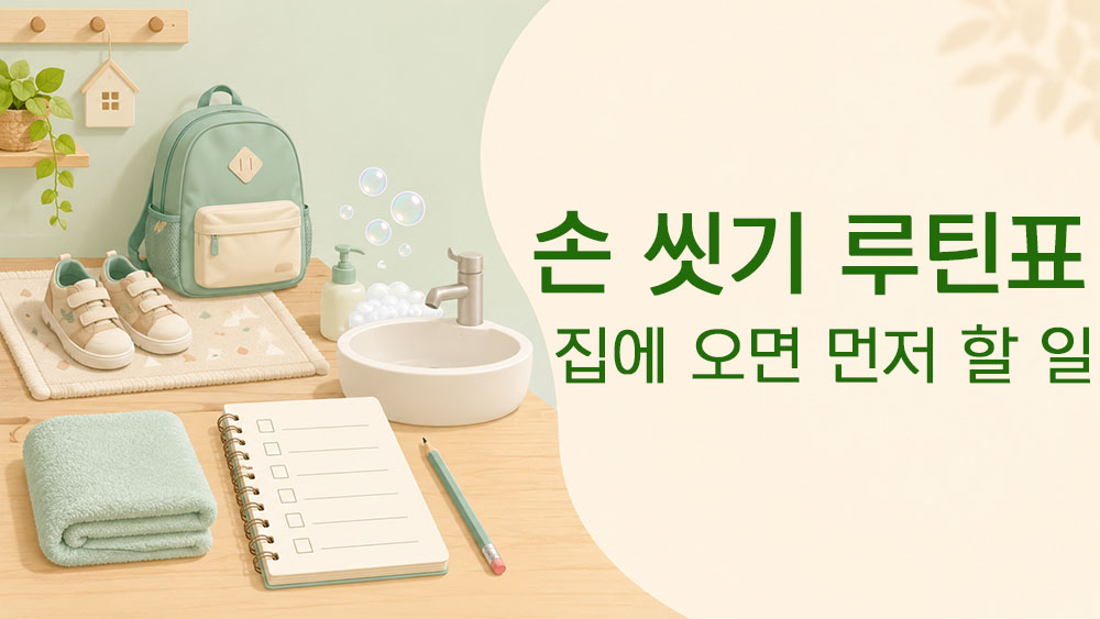 아이 귀가 후 손 씻기 루틴표와 현관에서 세면대까지의 흐름을 표현한 썸네일 이미지