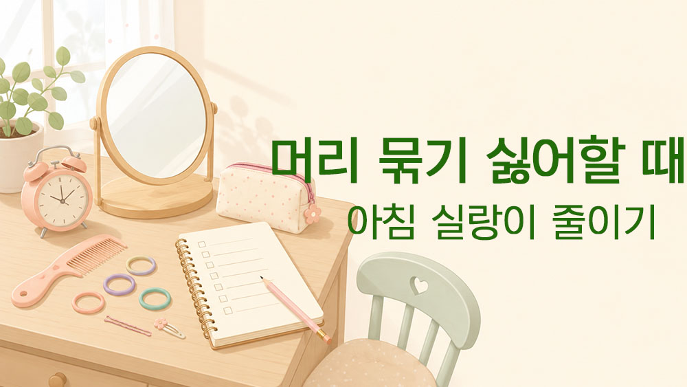 등원 전 머리 묶기 싫어하는 아이의 아침 준비를 표현한 썸네일 이미지