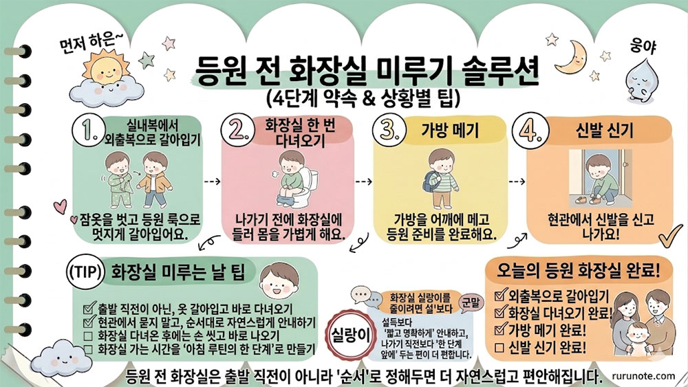 등원 전 화장실을 미루는 아이를 위한 아침 준비 순서 인포그래픽