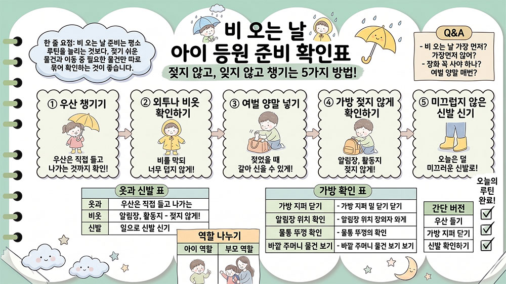 비 오는 날 아이 등원 준비 항목 5가지를 정리한 인포그래픽