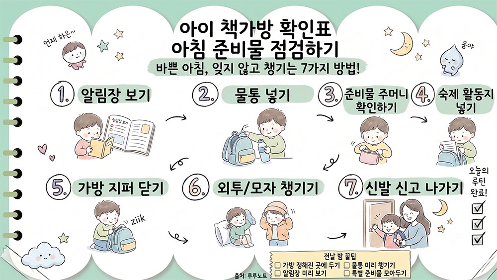 아이 책가방 확인표와 아침 준비물 점검 순서를 정리한 인포그래픽