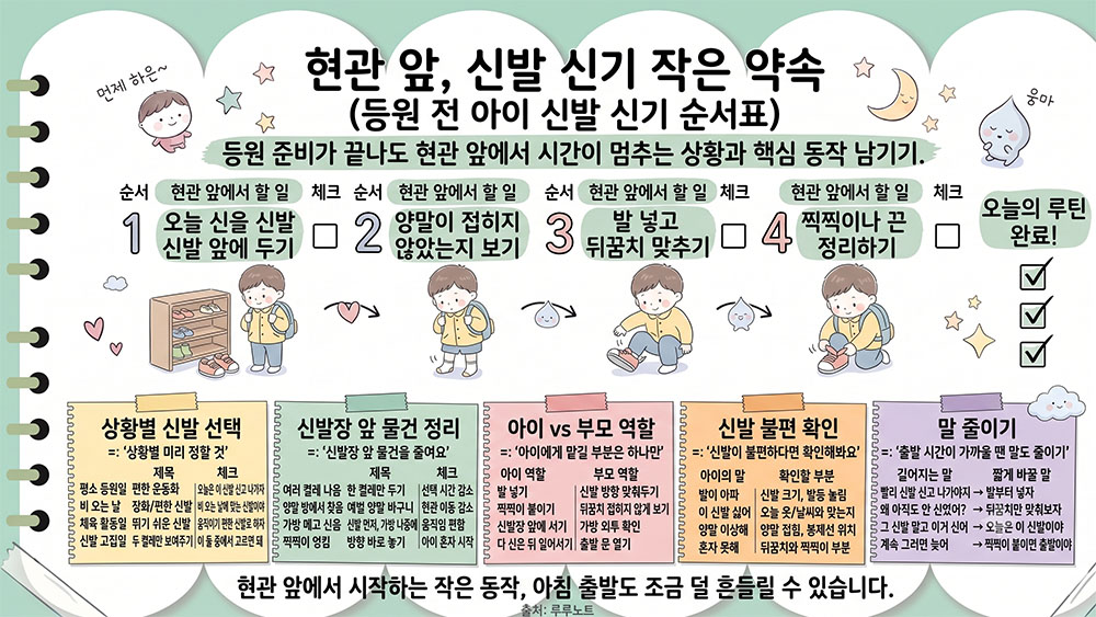 신발 신기 싫어하는 아이를 위한 현관 앞 등원 준비 항목을 정리한 인포그래픽