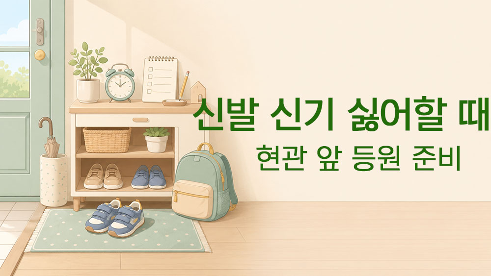 신발 신기 싫어하는 아이의 현관 앞 등원 준비를 표현한 썸네일 이미지