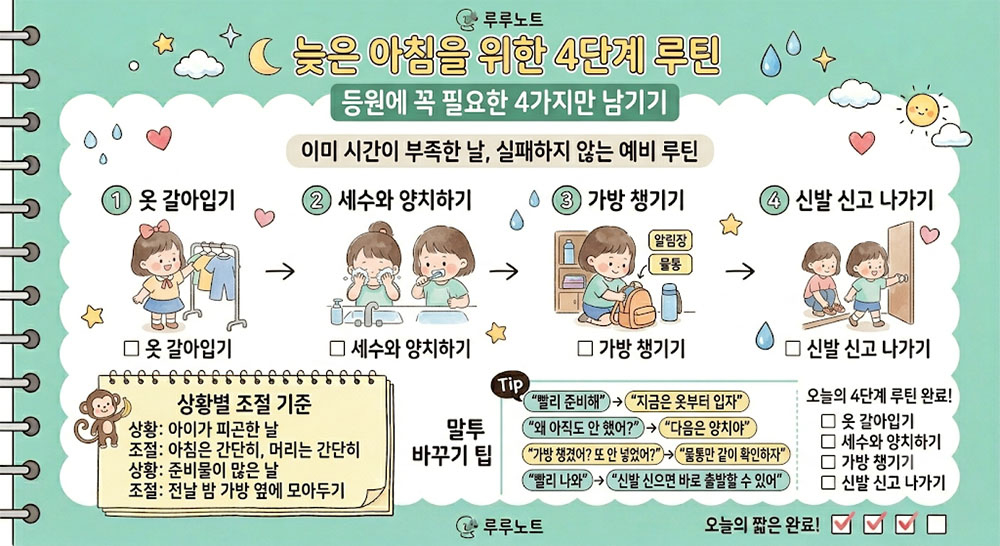 늦은 아침에 필요한 등원 준비 4가지를 정리한 인포그래픽