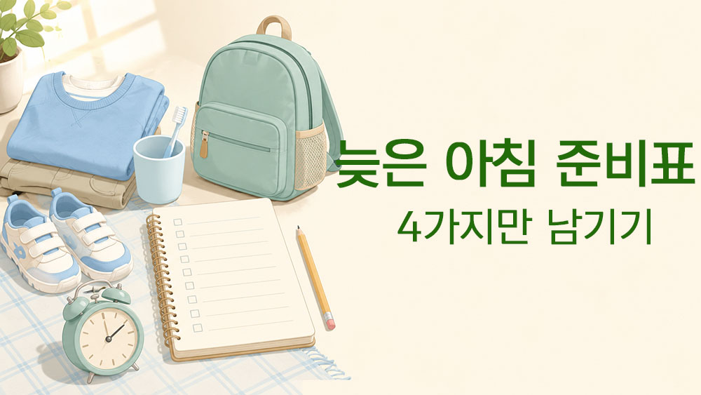 늦은 아침에 꼭 필요한 등원 준비 4가지를 표현한 썸네일 이미지