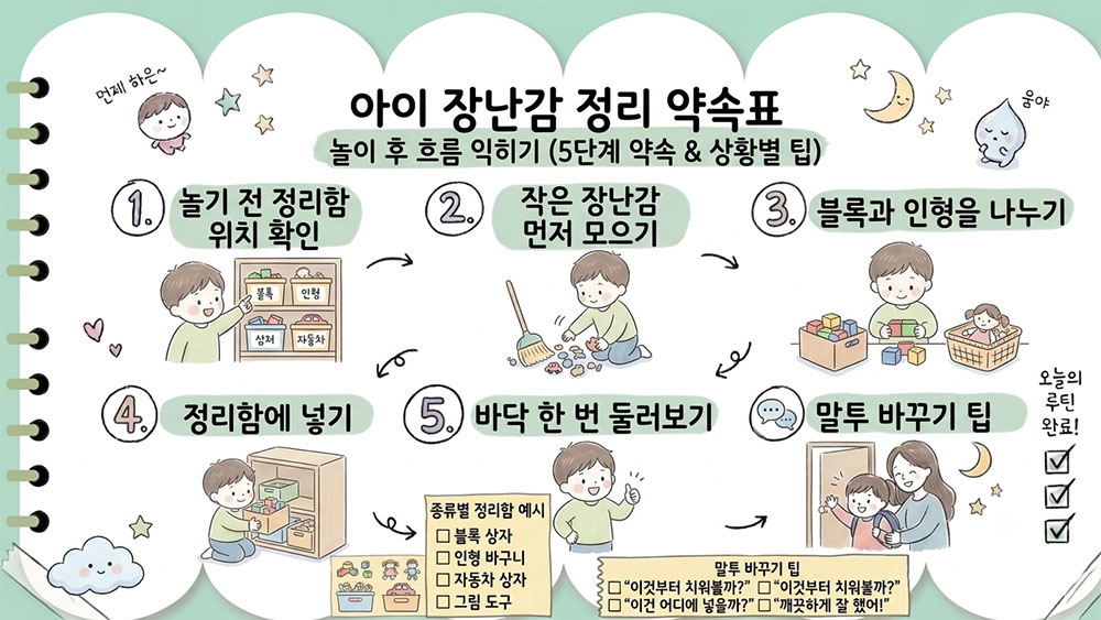 아이 장난감 정리 약속표와 놀고 난 뒤 정리 순서를 정리한 인포그래픽