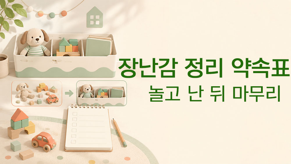 아이 장난감 정리 약속표와 놀고 난 뒤 마무리를 표현한 썸네일 이미지