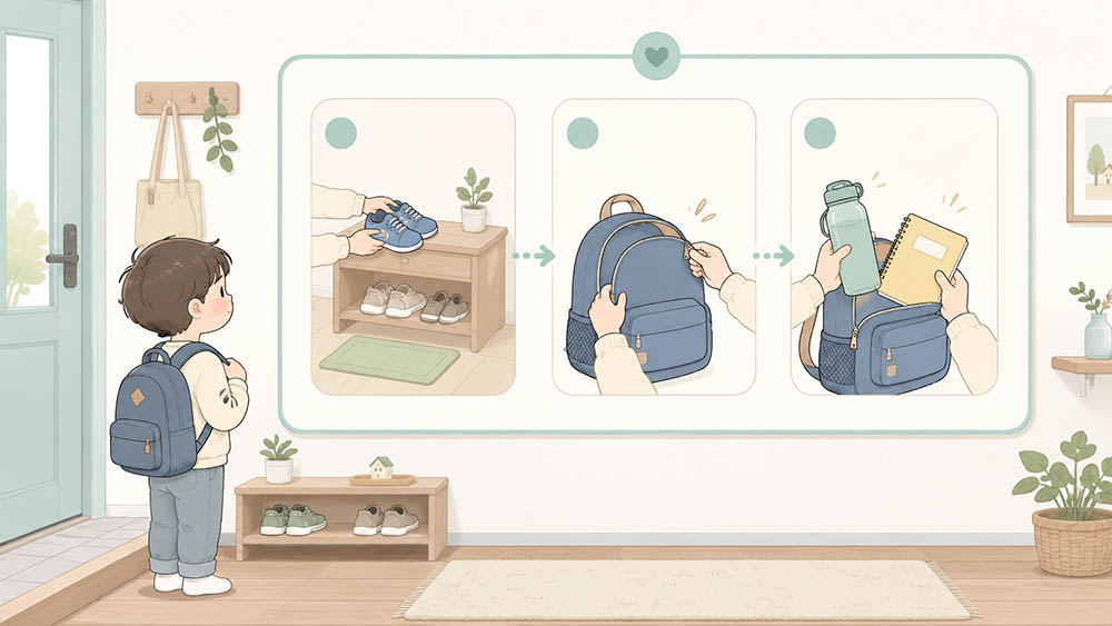 신발 정리 가방 열기 물통과 알림장 꺼내기로 구성한 하원 후 3칸 귀가 루틴표