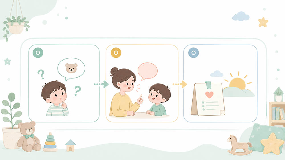 잠자리 전 질문하기 한 번 답하기 내일 메모하기로 구성한 세 단계 질문 시간