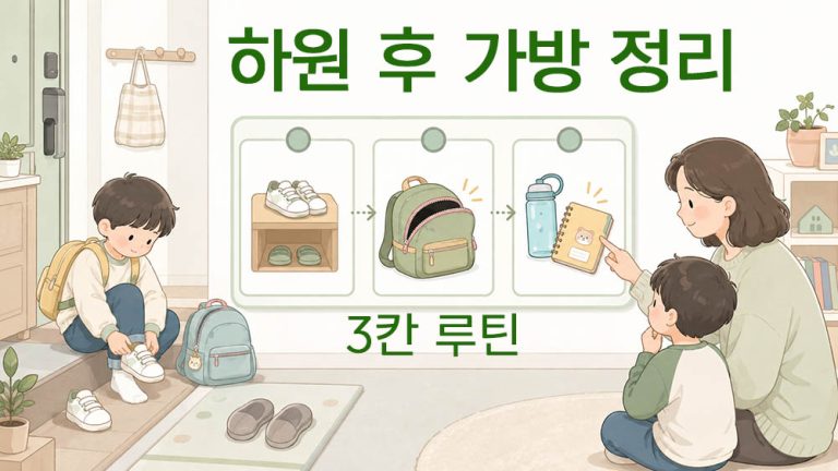 하원 후 가방을 열지 않는 아이가 3단계 귀가 순서표를 확인하는 모습