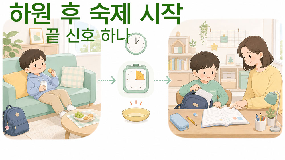 하원 후 쉬는 시간을 마치고 숙제를 시작하는 아이의 3단계 전환 루틴