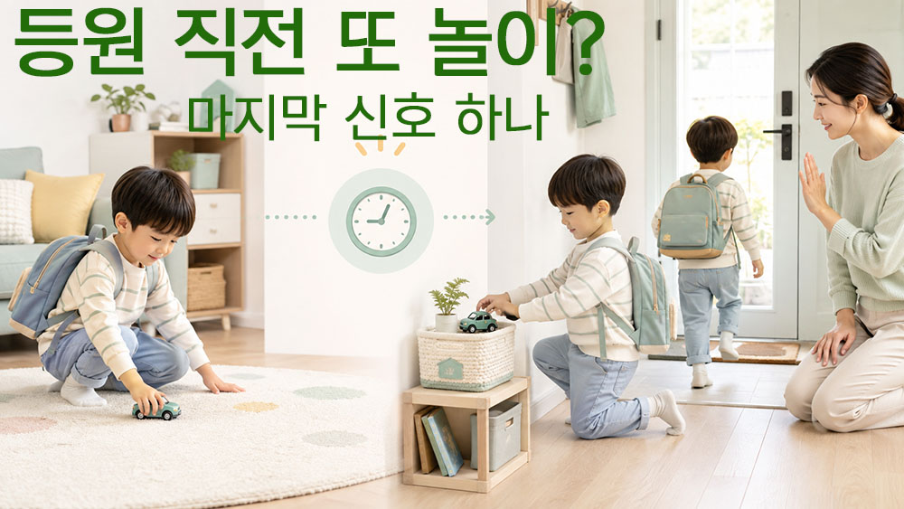 등원 직전 장난감을 다시 꺼낸 아이에게 놀이 마무리 신호를 알려주는 사용 예시