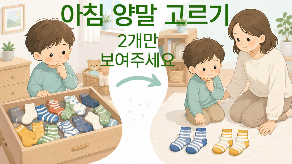 아침마다 양말을 오래 고르는 아이에게 두 켤레만 보여주는 선택 줄이기 사용 예시