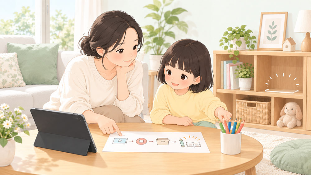 영상을 보기 전에 약속 메모와 다음 활동을 함께 살펴보는 아이와 보호자