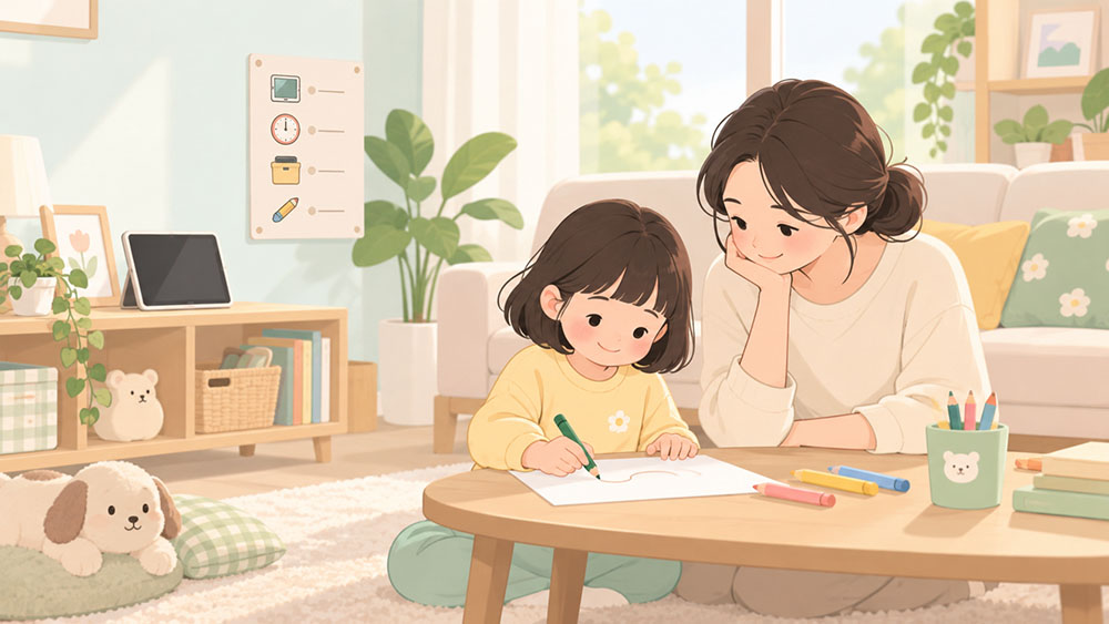 화면을 끈 태블릿을 선반에 두고 보호자와 그림 그리기를 시작하는 아이